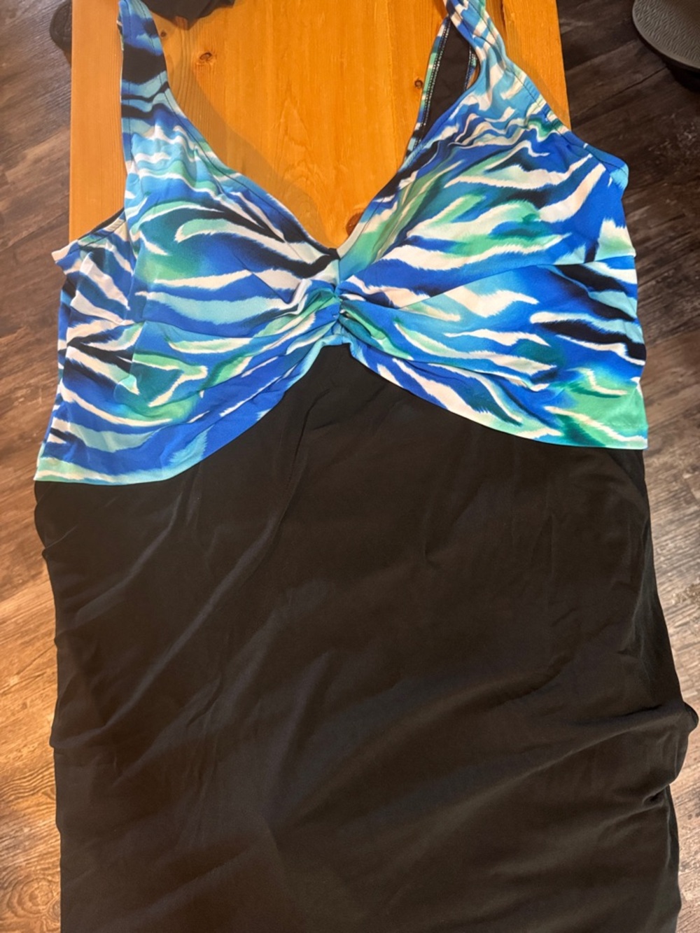 Blue & Green Twist-Front Swimdress with Black Skirt